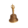 Brass antique Tibetan temple bell with intricate designs, handcrafted for spiritual practices and meditation. Features a classic, ornate appearance and serene sound.