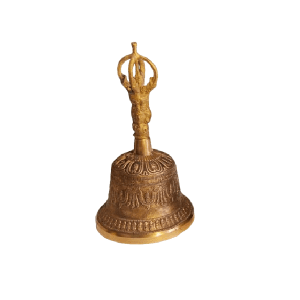 Brass antique Tibetan temple bell with intricate designs, handcrafted for spiritual practices and meditation. Features a classic, ornate appearance and serene sound.