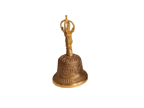 Brass antique Tibetan temple bell with intricate designs, handcrafted for spiritual practices and meditation. Features a classic, ornate appearance and serene sound.