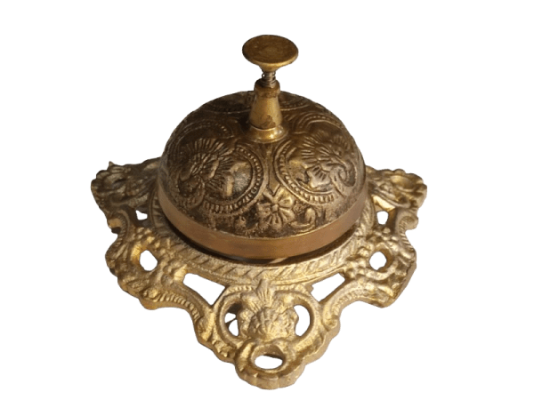 Classic vintage brass service bell with intricate detailing, adding old-world charm to your decor. Perfect for a traditional or vintage-inspired setting, combining elegance with functionality.