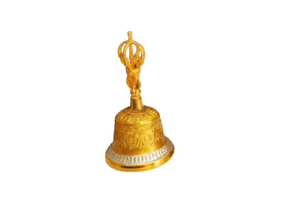 Brass Tibetan temple bell with detailed carvings, producing a soothing, resonant sound. Perfect for meditation, spiritual practices, or as a decorative accent.