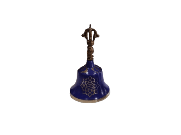 Brass Tibetan temple bell with intricate designs, ideal for spiritual practices and meditation. Features a rich, calming sound and timeless craftsmanship.