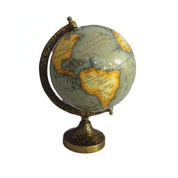 Golden finished metal base globe with a classic design, featuring a detailed map and a polished, luxurious gold stand. The globe's rich color and intricate detailing highlight its elegant and sophisticated appearance.