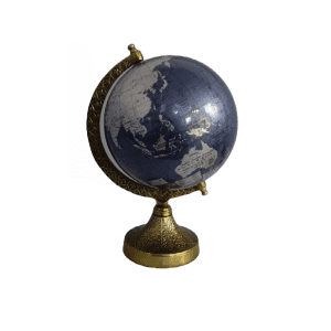 Blue and grey aluminum globe with a golden finish, showcasing a sleek and modern design. The globe features detailed geographic markings and is supported by a stylish golden base, adding a touch of elegance to any decor