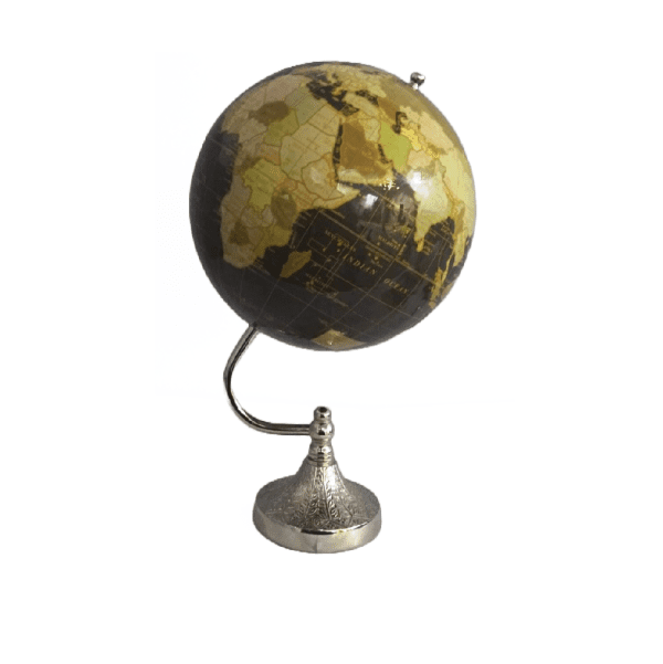 Contemporary Silver Aluminum Globe: A modern, reflective silver globe with a sleek, minimalist design, set on a simple base. Its shiny surface and elegant form make it a striking decorative piece for any setting.