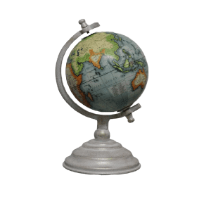 Decorative globe with a vintage-style design featuring detailed cartography, ornate stand, and elegant brass accents. The globe is set against a classic background, highlighting its intricate details and sophisticated charm.