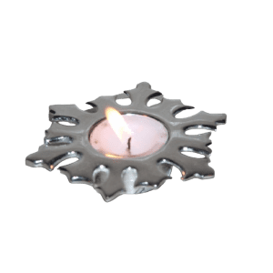 Tealight candle holder made of sleek, polished aluminum with a minimalist design, featuring a standard-sized opening for tealight candles.