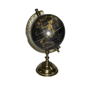 Elegant black globe with a sleek, modern design, featuring a matte black finish and gold accents. The globe is mounted on a stylish stand, making it a sophisticated decorative piece for any setting.