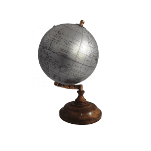 Wooden base revolving globe with a detailed map of the world. The globe features rich, antique-style colors and is mounted on a polished wooden stand with a sleek, rotating mechanism.
