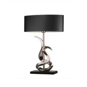 Elegant table lamp with an aluminum base, featuring a sleek and modern design. The lamp's base is polished aluminum, reflecting a contemporary aesthetic that complements any décor