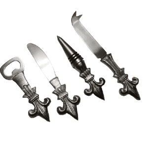 High-quality metal bar tools set with bottle opener, knife and bottle stopper ideal for home bars and professional use.