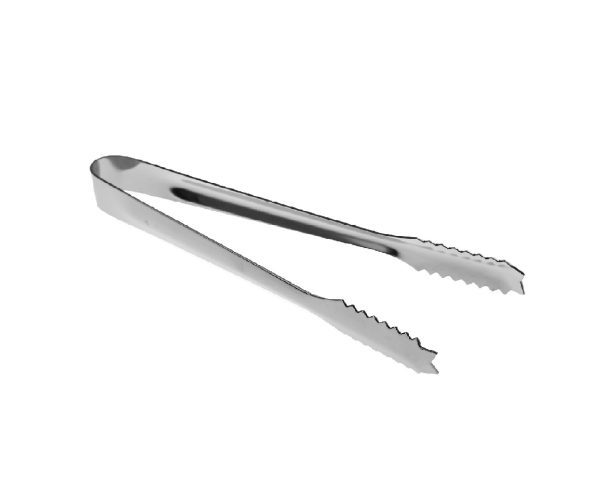Stainless steel ice tongs with serrated edges and ergonomic grip, ideal for handling ice cubes in bars and restaurants. Durable and stylish for any occasion.