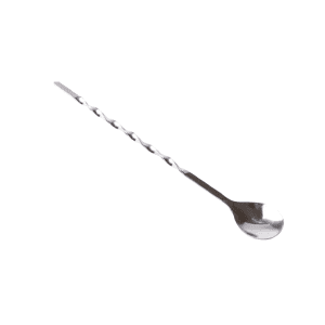 Long stainless steel bar spoon with a twisted handle, elegantly stirring a cocktail in a glass, surrounded by barware on a countertop