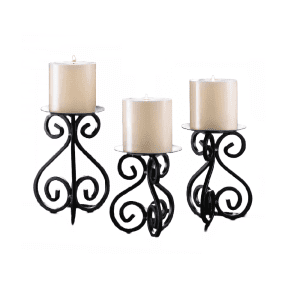 Elegant metal candle holder with intricate design, adding a sophisticated touch to a modern interior.
