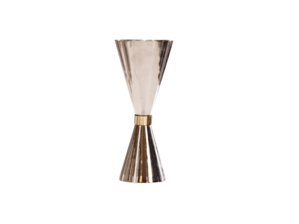 Stainless steel cocktail jigger with dual measurement markings for accurate pouring, featuring a sleek and durable design. Ideal for precise cocktail mixing and bar use."