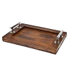 Wooden serving tray with sturdy brass silver finished handles and raised edges, featuring a natural wood finish, designed for serving drinks, snacks, or meals with classic elegance.