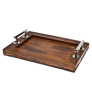 Wooden serving tray with sturdy brass silver finished handles and raised edges, featuring a natural wood finish, designed for serving drinks, snacks, or meals with classic elegance.