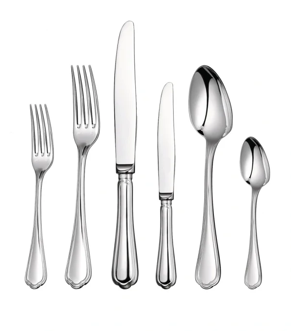 Stainless Steel Minimalist Cutlery Flatware Set of 6 arranged neatly on a white tablecloth. The set includes dinner fork, dinner knife, and dinner spoon, each featuring a sleek, modern design with smooth handles and a polished finish