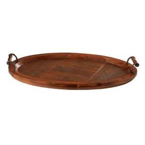 Round wooden serving tray with a smooth, natural wood finish, featuring a classic shape and generous surface area, ideal for serving drinks, snacks, or meals with elegance.