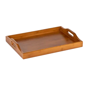 Natural wooden serving tray with sturdy handles and raised edges, featuring a smooth, rustic wood finish, ideal for serving drinks, snacks, or meals with elegance."