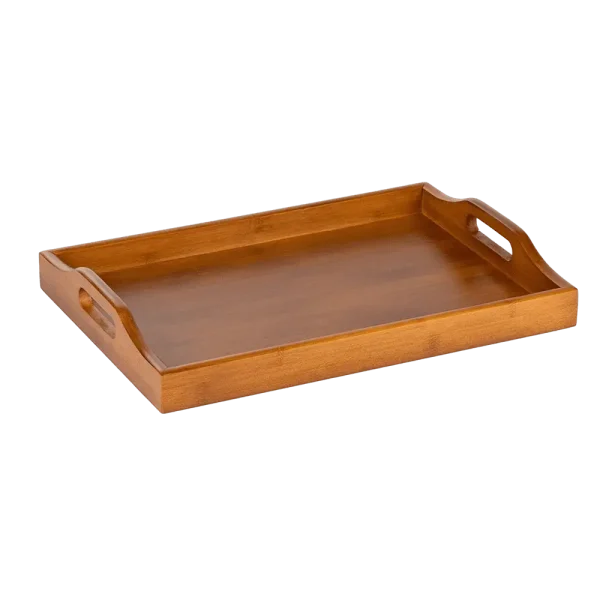 Natural wooden serving tray with sturdy handles and raised edges, featuring a smooth, rustic wood finish, ideal for serving drinks, snacks, or meals with elegance."