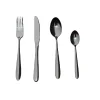 Contemporary Cutlery Flatware Set featuring sleek, geometric designs with polished stainless steel finish. Includes forks, knives, spoons, and dessert spoons, showcasing a modern and elegant dining aesthetic.
