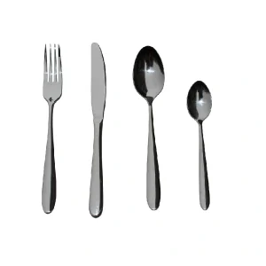 Contemporary Cutlery Flatware Set featuring sleek, geometric designs with polished stainless steel finish. Includes forks, knives, spoons, and dessert spoons, showcasing a modern and elegant dining aesthetic.