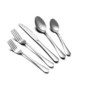 Flatware Cutlery Silverware Set featuring high-grade stainless steel with a mirror-polished finish. The set includes dinner forks, dinner knives, soup spoons, and teaspoons, each with a sleek, modern design and ergonomic handles. Ideal for elegant dining and easy maintenance.