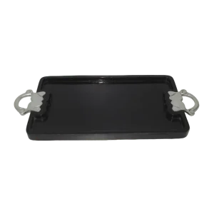 Wooden serving tray with sturdy handles and raised edges, featuring a natural wood finish, designed for easy transport and stylish serving of beverages, snacks, or meals.