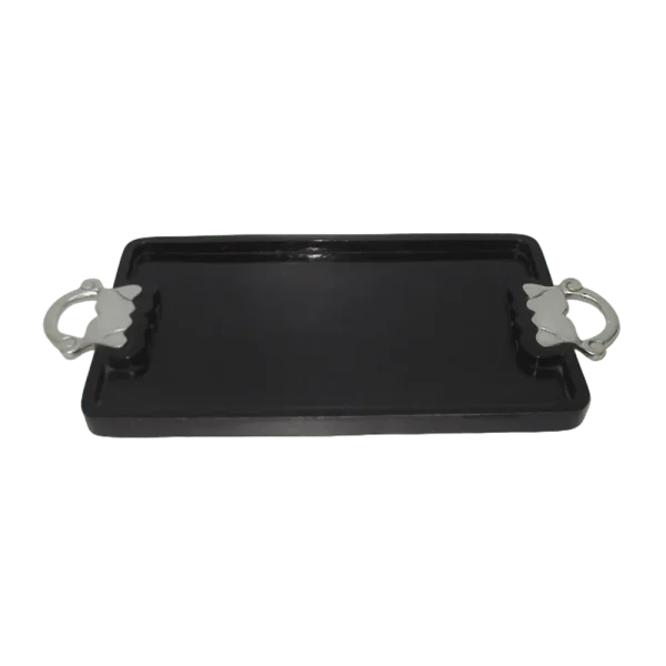 Wooden serving tray with sturdy handles and raised edges, featuring a natural wood finish, designed for easy transport and stylish serving of beverages, snacks, or meals.