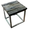 Wooden side table with a natural finish and a sturdy iron frame, combining rustic charm with industrial strength. Ideal for use as a nightstand, accent piece, or side table in various settings.