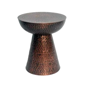 Handcrafted hammered side table with a round top, featuring unique artisanal detailing and a sturdy construction. Ideal for adding charm and functionality to any living room, bedroom, or office space