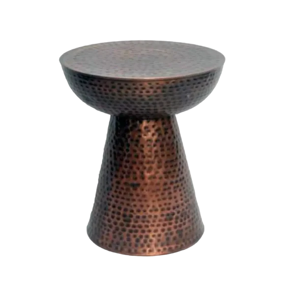 Handcrafted hammered side table with a round top, featuring unique artisanal detailing and a sturdy construction. Ideal for adding charm and functionality to any living room, bedroom, or office space