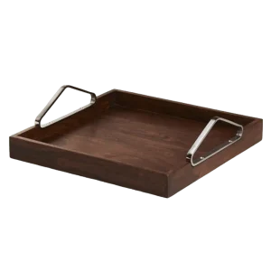Natural wood serving tray with sturdy handles and raised edges, featuring a smooth surface and natural wood finish, ideal for serving beverages, snacks, or meals with classic elegance.