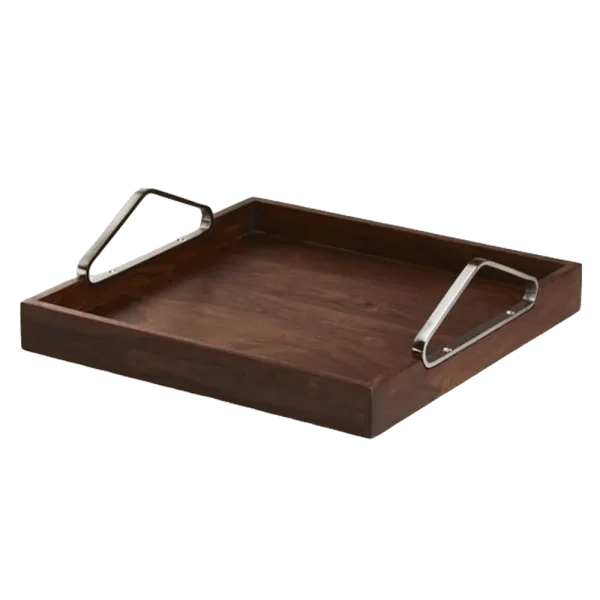 Natural wood serving tray with sturdy handles and raised edges, featuring a smooth surface and natural wood finish, ideal for serving beverages, snacks, or meals with classic elegance.