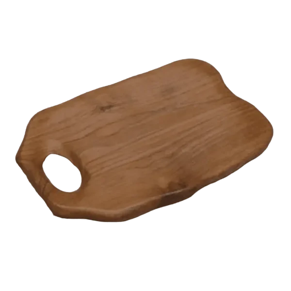 Wooden cheese board with a smooth, spacious surface and natural wood finish, designed for presenting an assortment of cheeses, charcuterie, and accompaniments with rustic elegance.