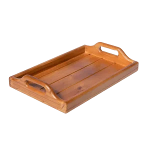 Rectangular wood serving tray with sturdy handles and raised edges, featuring a natural wood finish, designed for serving drinks, snacks, or meals with classic elegance