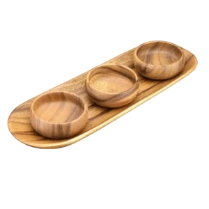 Wooden baguette serving tray with an elongated shape and raised edges, featuring a natural wood finish, ideal for presenting baguettes, breadsticks, or other baked goods with elegance
