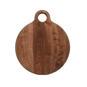 Round wooden chopping board with a smooth, natural wood finish, featuring a spacious surface ideal for food preparation and adding classic elegance to any kitchen.