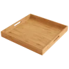 Square wooden serving tray with sturdy cutout handles and raised edges, featuring a natural wood finish, ideal for serving drinks, snacks, or meals with elegant simplicity