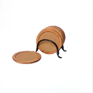 Wooden coaster set of 6 with natural finish, neatly arranged in a wooden holder, showcasing the rustic grain and smooth edges of each coaster, perfect for protecting surfaces from spills and heat