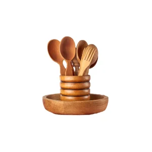 Wooden utensil holder with a spacious interior and sturdy base, showcasing natural wood grain and a stylish design, perfect for organizing kitchen tools.