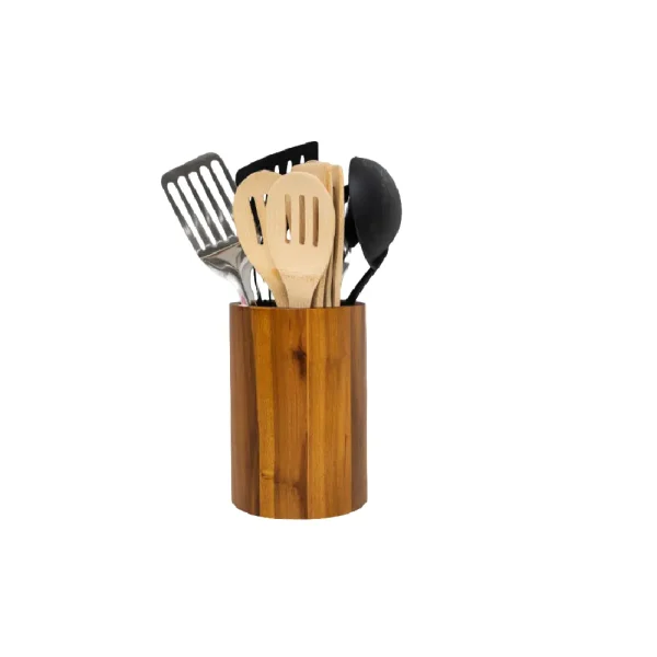 Wooden cutlery holder with multiple compartments, showcasing a natural wood finish and elegant design, perfect for organizing knives, forks, spoons, and other utensils.