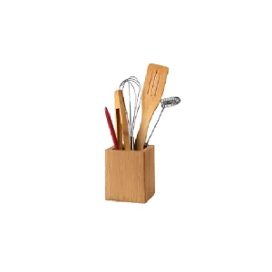 Rectangular wood utensil holder with multiple compartments, featuring a natural wood finish and elegant design, ideal for organizing kitchen tools like spatulas, spoons, and whisks.
