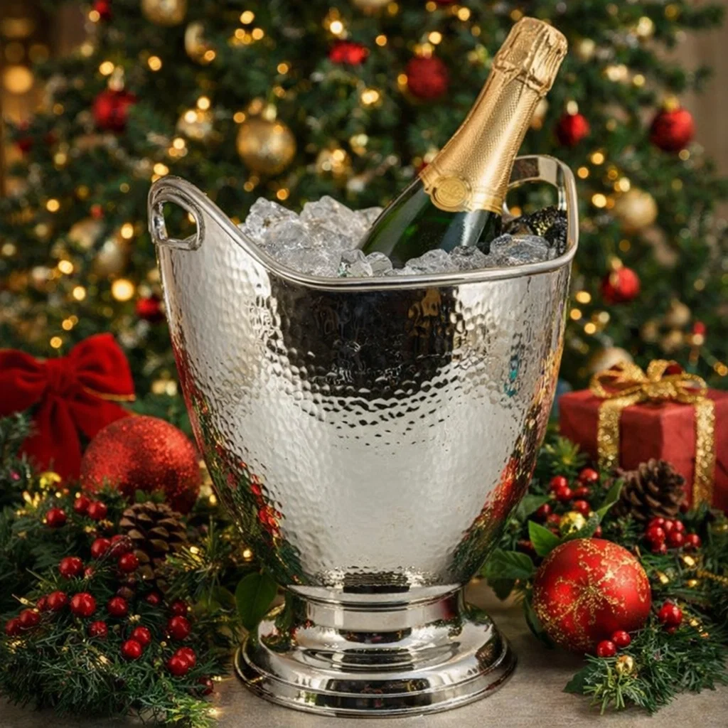 Luxury metal ice bucket holding a champagne bottle with festive Christmas décor, ornaments, and greenery for elegant home entertaining.