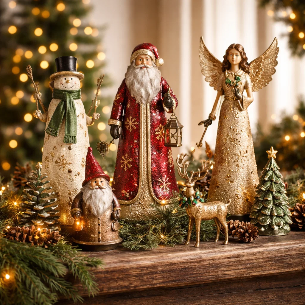 five metal home decor figurines for christmas decoration including santa claus, snowman, angel, gnome and a reindeer.