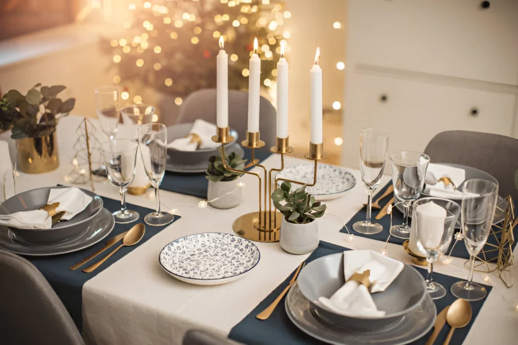 flatware and dinnerware accessories neatly laid on a dinner table for christmas decoration and home decor.