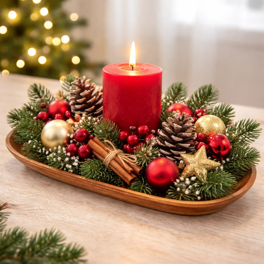 Elegant wooden tray centerpiece with red candle, festive ornaments, and greenery for christmas decoration home decor 2025.